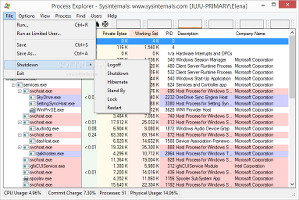Showing the File menu in Process Explorer